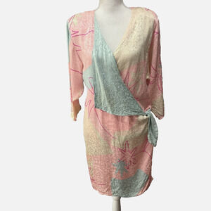 Flora Kung Silk Wrap Dress Womens Sz 12 Pink Blue Sheer Elegant Classic VTG‎